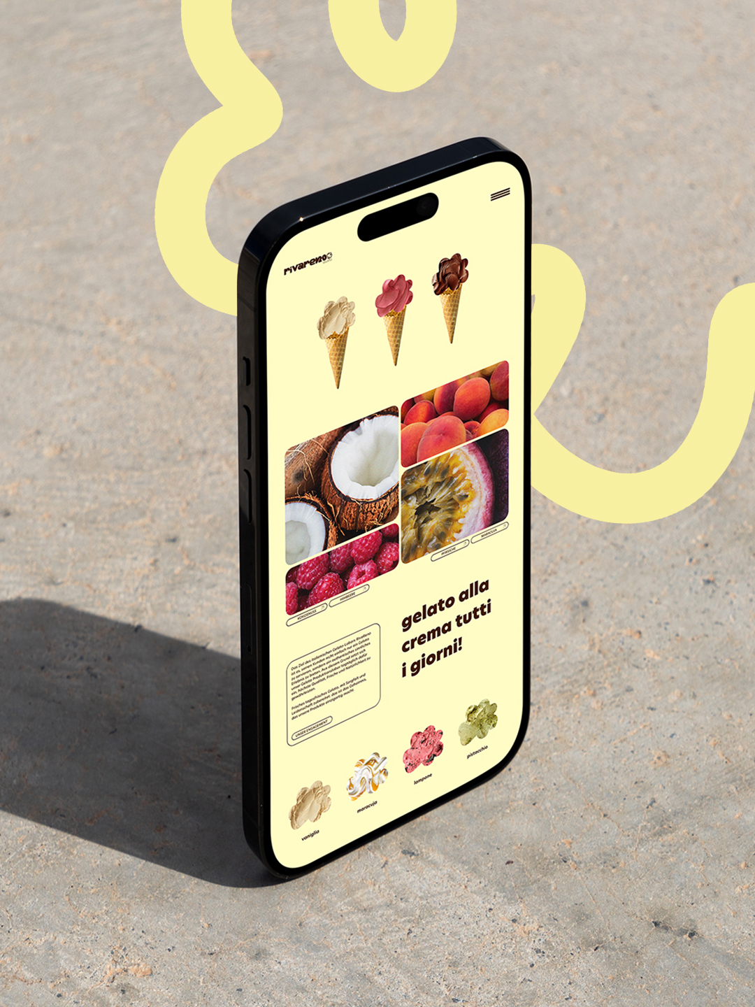 Smartphone mit der Website von Rivareno Gelato und Eissorten vor gelbem Hintergrund